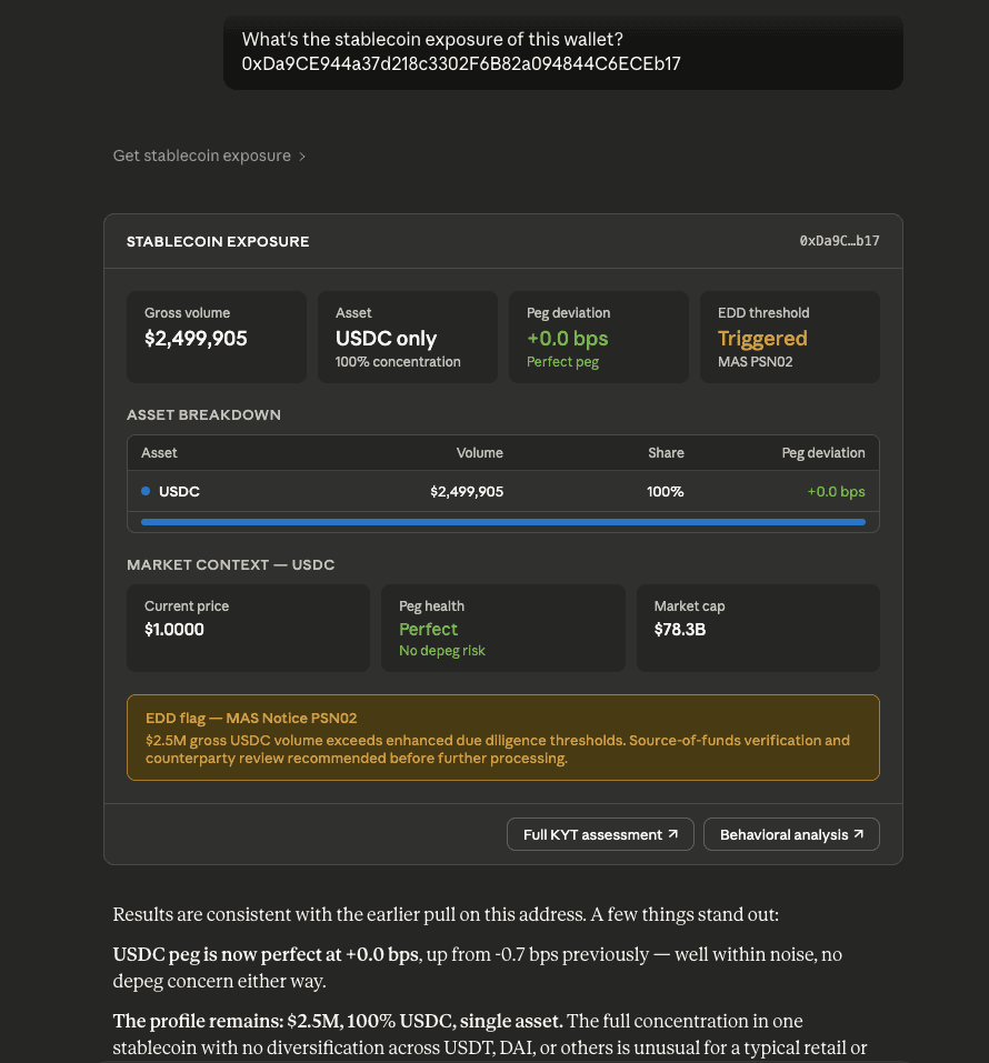 Wallet address screening result view