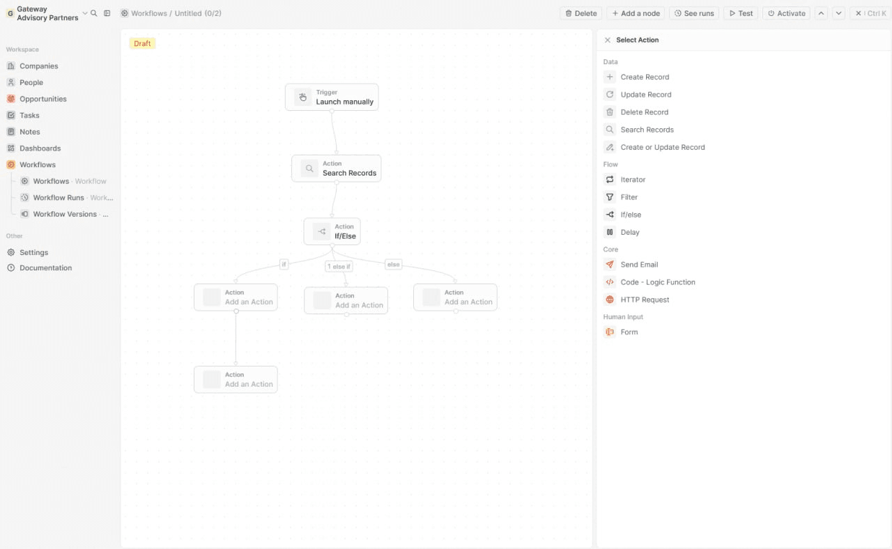 CRM automation workflow and dashboard